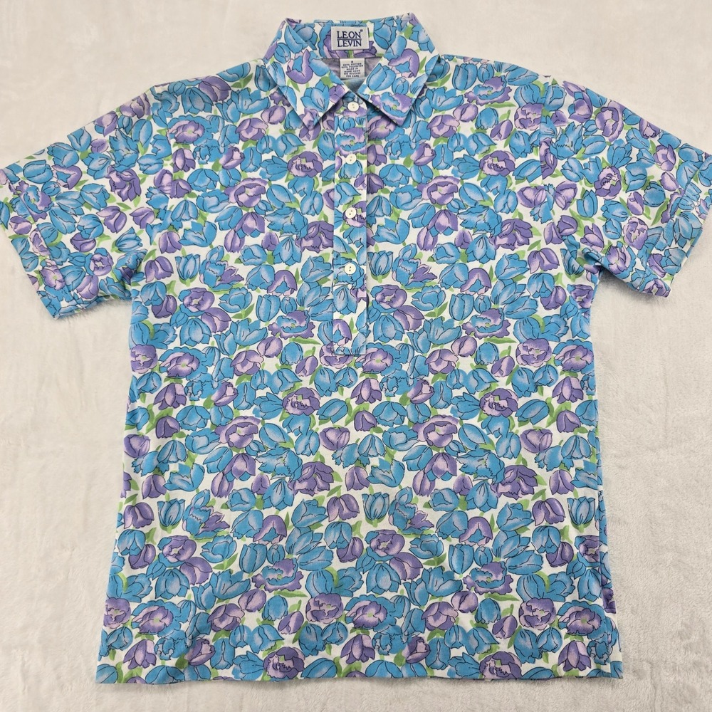 Leon Levin Polo Shirt Womens S‎ Polo Blue Purple Floral Short Sleeve Vintage